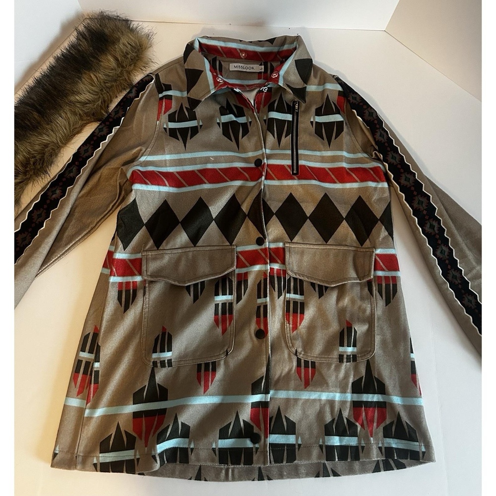 Misslook Multicolor Aztec Striped Open Front Jacket Size L With Fur On Collar